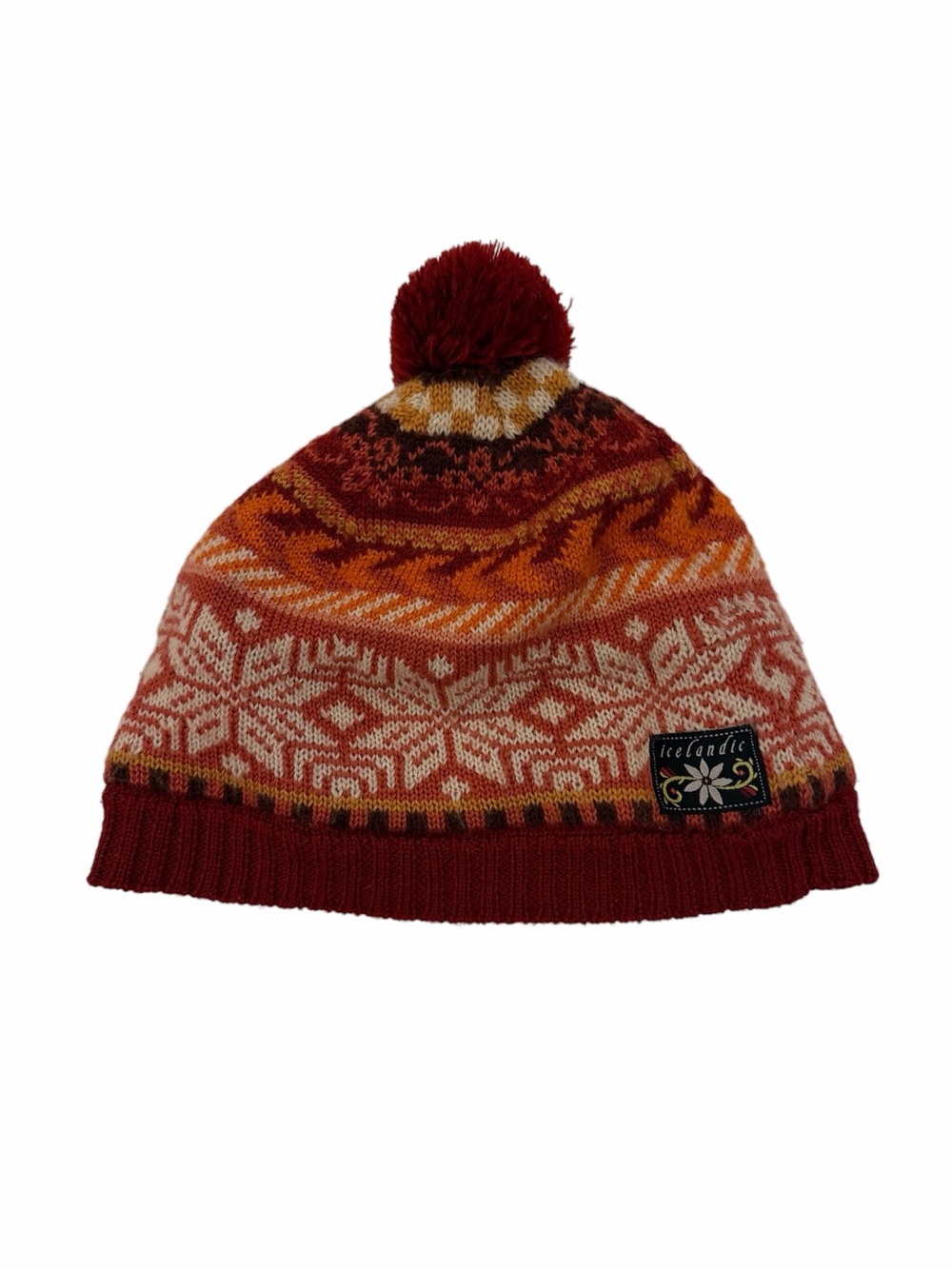 Icelandic Wool Patterned Pom Pom Beanie in Red, Orange & Cream
